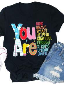 This Vibrant And Playful 'You Are Enough' Inspirational Teacher T-Shirt Features A Design With Stars And Lightning. It'S A Pure Top Suitable For Outdoor Summer, With Short Sleeves And Heat Transfer Printing - màu đen - Xem 1