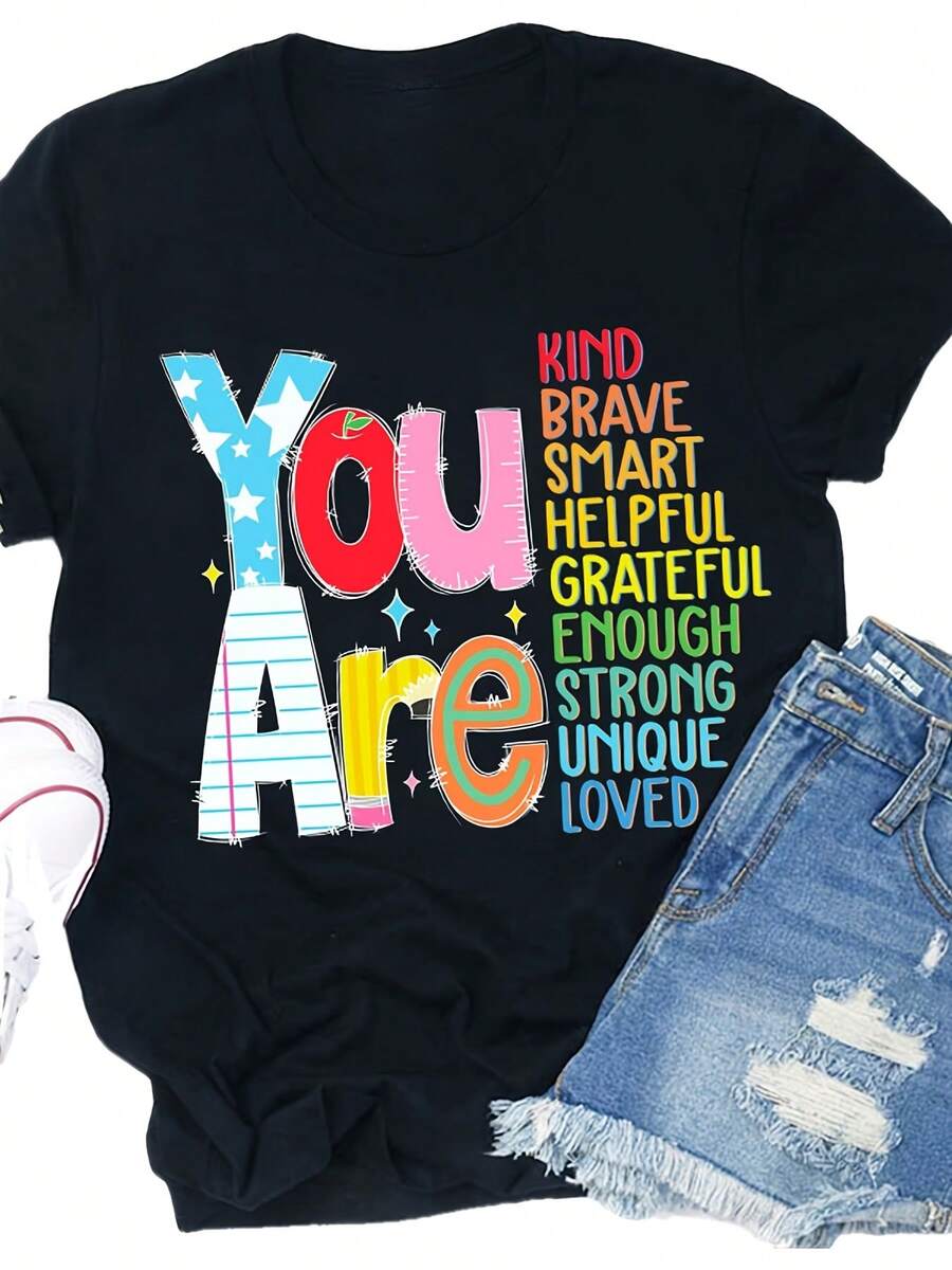 This Vibrant And Playful 'You Are Enough' Inspirational Teacher T-Shirt Features A Design With Stars And Lightning. It'S A Pure Top Suitable For Outdoor Summer, With Short Sleeves And Heat Transfer Printing - màu đen - Xem 1