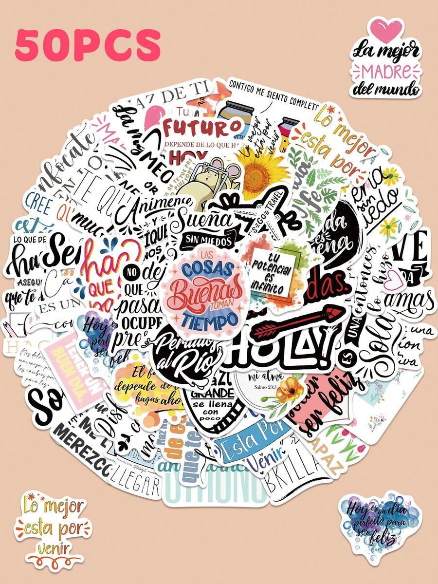 50 piezas Pegatinas inspiracionales en español Graffiti creativo Calcomanía para portátil, funda de teléfono, diario, refrigerador, armario, billetera, mochila, sobre, decoración DIY, regalo de recompensa para estudiantes papelería manualidades libro de sticker estikers - 1 Set - Ver 1