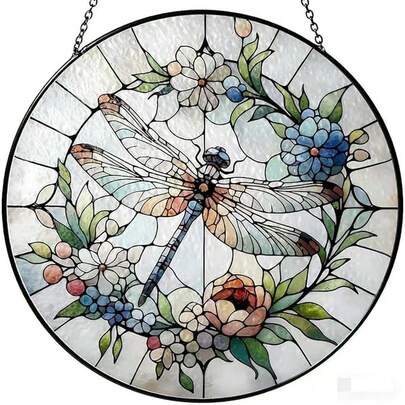 2D Flat Acrylic Dragonfly Stained Glass Window Hanging - Multi-Style Floral & Moon Dragonfly Suncatcher Decor For Home, Window & Insect Lover Gift