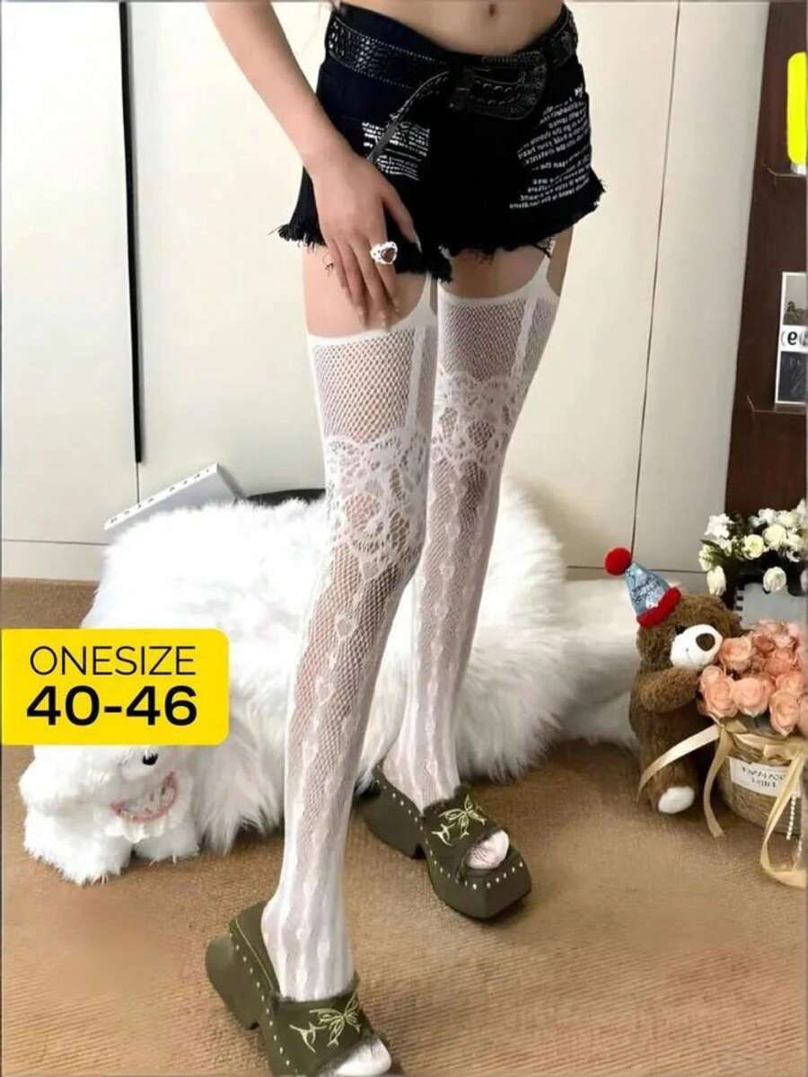 1双春夏镂空蕾丝长筒袜，优雅女士风格，时尚白色透明吊带连裤袜，心形图案性感长筒袜 - 彩色 - 查看 1