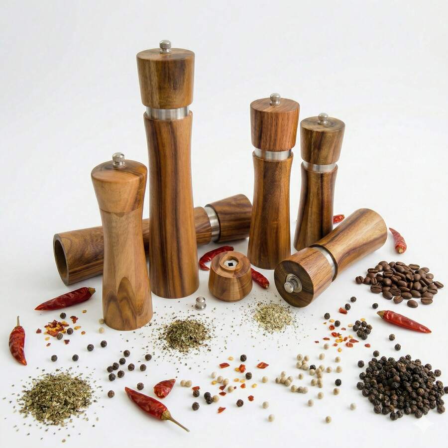 Premium Acacia Wood Salt And Pepper Grinder Set - Manual Spice Mill With Adjustable Coarseness Ceramic Core - Professional Wood Pepper Mill For Sea Salt, Peppercorn & Spices - Refillable Kitchen Tools - 咖啡棕 - 查看 1