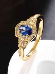 1pc Vintage Oval Blue Sapphire Ring, Encrusted Design Niche Luxury Elegant Everyday Commute Fashion Ring - Ring - View 3