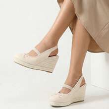 Lotgnimry Women's Wedge Heel Canvas Sandals With Closed-Toe Design, Elastic Ankle Strap & Bow Accent, Summer Casual Dress Shoes For Comfortable Outdoor Wear - 杏色 - 查看 4