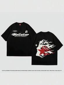 T Shirt Print ,Graphic-Cotton Tees Size Plus, Cartoon Round Neck Short Sleeve, Hellstars God Is My Strength Flame Silhouette Retro T-Shirt Double Sided Printed (220g 100% Cotton T-Shirt), Summer Clothes, Women's Tops, Casual And Comfortable, Fashionable Graphic Tee, Unisex Style,Y2K,Oversized Shirt Men,With Shirt,Summer Tops,Shirt Suitable - Black - View 8