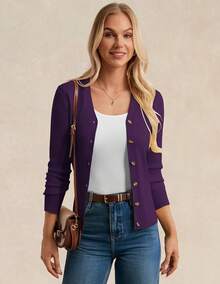 Women's Long Sleeve Button Up Cardigan Sweaters Ribbed Knit Open Front Casual - 深紫色 - 查看 4