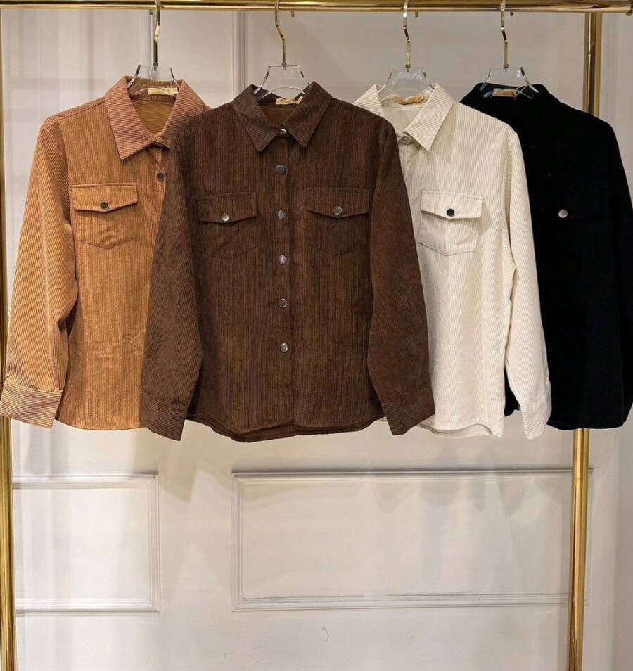 Women's Longline Corduroy Jacket Premium Velvet – Casual Chic Style Casual Fabric Buttons Front Everyday - 駝色 - 查看 1