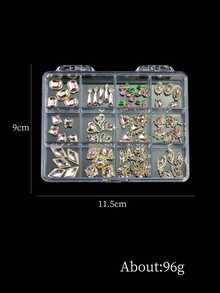 Caja de 12 rejillas Encantos de uñas de aleación con lazos 3D, estrellas, corazones, estrellas y lunas - Rhinestones para decoración de uñas DIY - Rosa - Ver 6