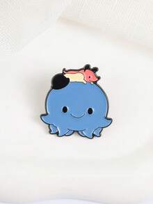 1pc Octopus & Companion Enamel Badge, Rounded Shape With Interactive Design On Top, Fresh Blue & Pink Color Scheme, Cute Style Brooch For Clothing Or Backpack, Suitable For Dark-Themed Cute Pet Animation Fans - Blue - View 5