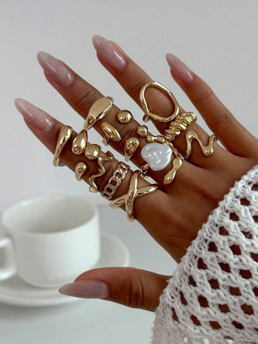 12pcs Set Minimalist Retro Fashion Asymmetrical Liquid Lava Heart Criss-Cross Rings, Exaggerated Faux Pearl Finger Rings, Suitable For Parties, Vacations, Gifts, Daily Wear - Gold - View 1