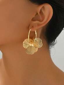 1 Pair Fashionable, Elegant, Creative, High-End Petals Hoop Earrings, Suitable For Daily Wear For Women - 金色 - 查看 3