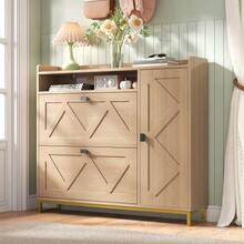 Shoe Cabinet With Hinged Lid, Double Hinged Lid Plus Side Cabinet, Top Open Compartment, Geometric Embossed Cabinet Door, Metal Frame, Xuanguan Locker, Large Capacity Shoe Rack - View 10