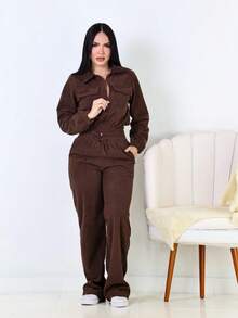 Women's Corduroy Velvet Set With Jacket And Pants - Comfort And Style - Rust Brown - View 1
