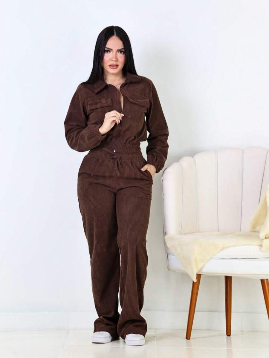Women's Corduroy Velvet Set With Jacket And Pants - Comfort And Style - Rust Brown - View 1