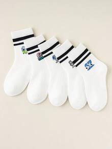 5 Pairs Boys Mid-Calf Sports Socks, Double Stripe With Cartoon Number "67" Design, Versatile Style, Suitable For School And Sports Activities - Multicolor - View 5