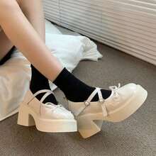 Zapatos pequeños con Cabeza Redonda y suela gruesa nueva princesa francesa de boca poco profunda en primavera zapatos de dama con tacones gruesos y zapatos individuales con lazo, Zapatos mocasines de mujer - Beis - Ver 3