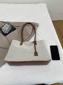 1pc Brown Tote Bag, New Design With Strap Decor, Metal Rivet Accent, Large Capacity Canvas Patchwork Shoulder Bag For Women - Brown - View 5