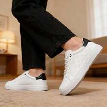 Men's Black & White Leather Sneakers, Soft, Breathable, Durable, Lace-Up Low-Top Embossed Pattern Design, Casual Streetwear Vacation Shoes For Spring & Autumn - White - View 6