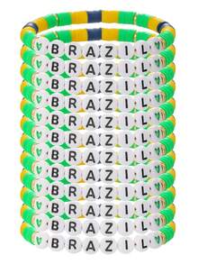Set de 12 piezas de pulseras elásticas de arcilla suave con cuentas de letras de estilo country en colores variados, adecuadas para la Copa del Mundo, regalos, uso diario - Multicolor - Ver 10