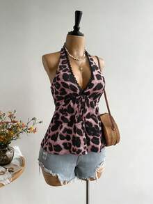 Rusttydustty Camiseta sin espalda de cuello en V para mujer, estampado de leopardo casual para vacaciones, estilo bohemio, adecuado para festivales de música en color rosa - Rosa - Ver 4