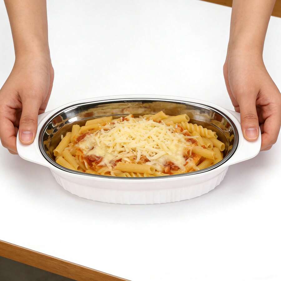 1pc Oval Serving Dish With Double Handle, Melamine Outer & 304 Stainless Steel Inner, Heat Resistant & Shatterproof Dinner Plate For Kitchen Dining - View 1
