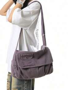 Vintage Minimalist Flip Cover Shoulder Bag Thick Washed Canvas Bag Casual Versatile Large Capacity American Messenger Bag College University Student School Backpack Short Trip Travel Bag Simple Street Style Multi-Pocket , Purple - 黑色 3 - 查看 2
