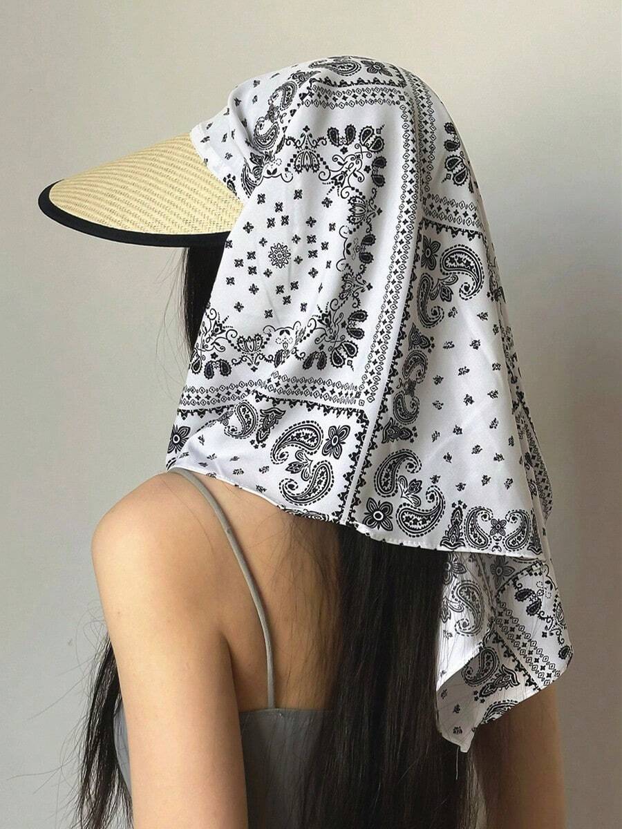 1顶腰果花纹草编遮阳帽，女士夏季透气防晒头巾帽，沙滩度假款 - A - 查看 1