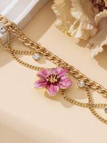 1 chiếc vòng chân tua rua thủ công nhuộm màu chuyển sắc rực rỡ với mặt dây chuyền hình hoa 5 cánh, phong cách nghỉ dưỡng dành cho nữ. - Hồng - Xem 2