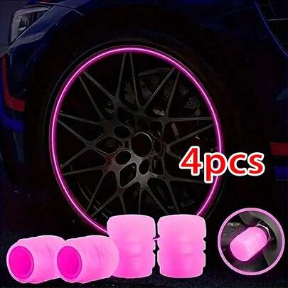 4 أغطية صمام إطارات السيارة، أغطية صمام دراجة هوائية أو دراجة نارية تضيء في الظلام بلون فلورسنت