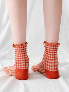 5 Pairs Girls' Vintage Plaid Mid-Calf Socks, Cute Colorful Checkered Lace Socks, Suitable For Girl And Teens For Daily Sports And Casual Wear, Injinji Socks, Random Colors - Multicolor - View 4
