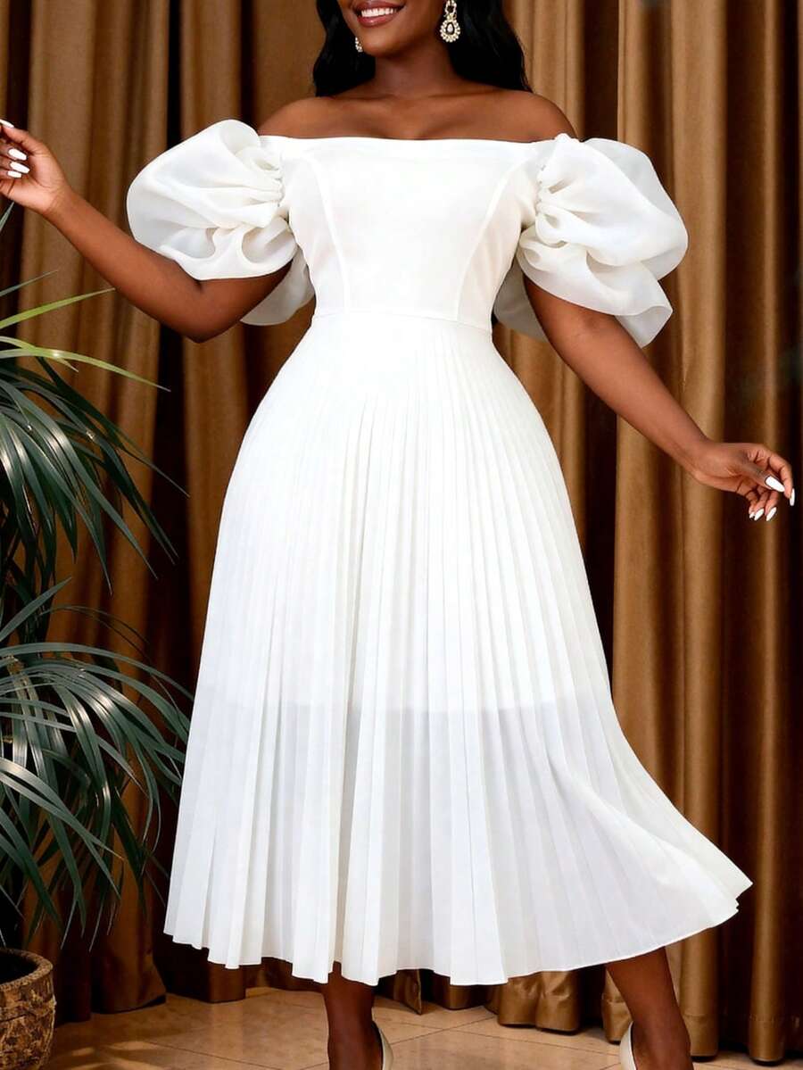 AOMEI Women's Elegant Off-Shoulder Ruffle A-Line Dress With Puff Sleeves, Suitable For Spring/Summer Wedding Guest, Cocktail Party, Evening Gala - White - View 1