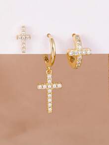 Bộ 3 khuyên tai hình thánh giá đính đá Zirconia sang trọng dành cho nữ, mạ vàng 18K, kiểu dáng cá tính, quà tặng độc đáo cho lễ đính hôn và sinh nhật. - 3 chiếc màu vàng - Xem 2