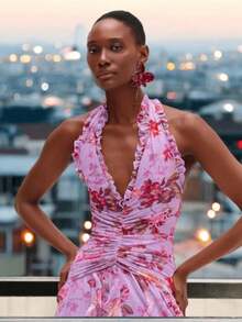 Elegant Long Dress Halter Off Shoulder Backless Dress For Women Slim Fit Long Formal Gown For Luxury Evening Party, Fashion & Graceful Strap Sexy Tie-Up Ruffle Hem Slit Dress - 粉紅紫色 - 查看 4