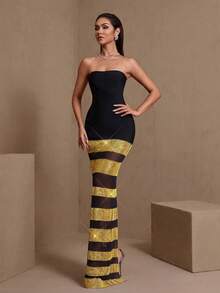 Women's Striped Contrast Color Elegant Strapless Fitted Mermaid Dress Party Wedding - Multicolor - View 3