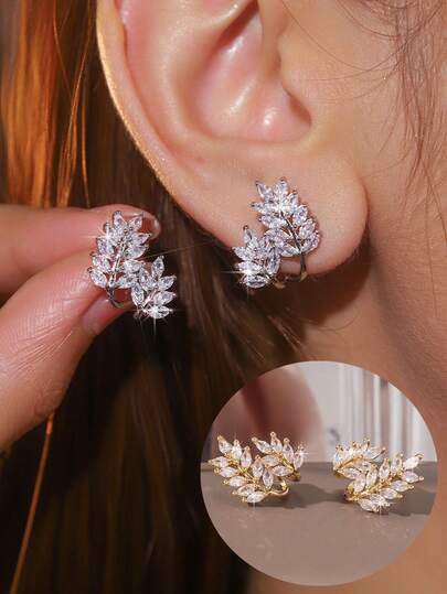 2pcs Fashionable Sparkling Zirconia Wheat Ear Cuff Earrings, Elegant Stud Earrings Gift For Girls