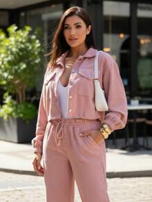 Women's Corduroy Fabric Set: Jacket + Pants, Elegant, Casual, Chic, Autumn/Winter - 淺粉色 - 查看 3