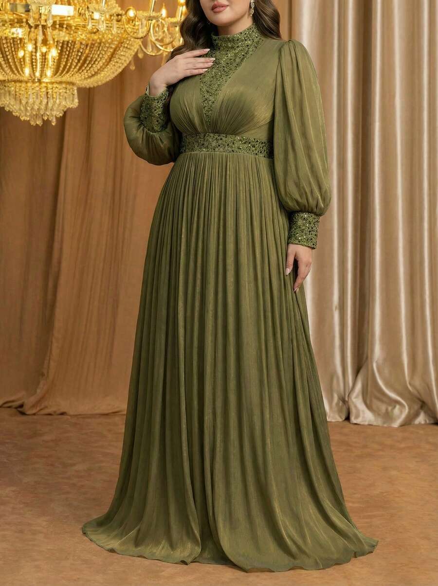 Voworia 大尺碼女款立領燈籠袖亮片拼接長版晚禮服 - 橄欖綠 - 查看 1