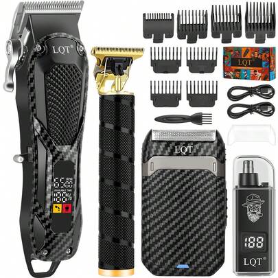  LQT 4pcs/Set Men's Grooming Tool Kit - Cordless Hair Clipper, Beard Trimmer, Electric Nose & Ear Hair Trimmer And Electric Shaver, A Complete Set Of Tools For Trimming Hair, Beard, And Nose Hair, USB Rechargeable With Accessories, Ideal For Holiday And Father's Day Gifts