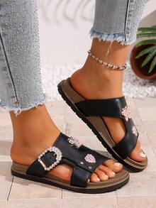 Sandalias planas de moda para mujer con tira adornada con rhinestones - Negro - Ver 3