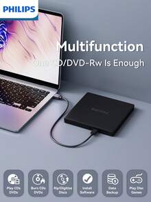 PHILIPS High-Speed External CD/DVD Drive, Lightweight And Portable Design, USB Plug-And-Play And Driver-Free, Perfectly Compatible With Laptops/Desktops And Other Devices, Supports CD/DVD Disc Reading And Burning, Easily Realizes Data Backup, Music Playback, Software Installation And Other Functions, Ultra-Quiet Operation, Stable And Reliable! - View 3