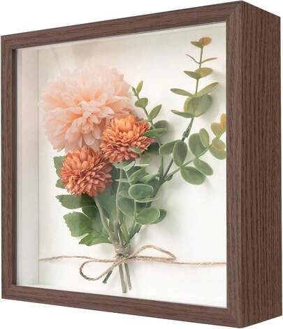 3D-Rahmen zum Befüllen, 22 x 22 cm, 3D-Rahmen mit einer Tiefe von 3 cm, tiefer Rahmen für Wand- und Tischaufstellung, geeignet für Fotos, kleine Gegenstände, Brautsträuße und DIY-Kunstwerke (nussbraun)