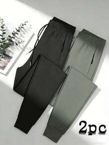 2Pcs Women Jogger Pants, Lightweight Quick Dry Breathable, Elastic Drawstring Waist & Zip Pockets, Loose Soft For Daily, Workout, Running & Outdoor - Black + Army Green - View 2