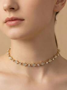 Dây chuyền choker cá nhân hóa thời trang, mặt dây chuyền hình học đính đá lấp lánh hình kim cương và hình tròn dành cho nữ. - Vàng - Xem 7