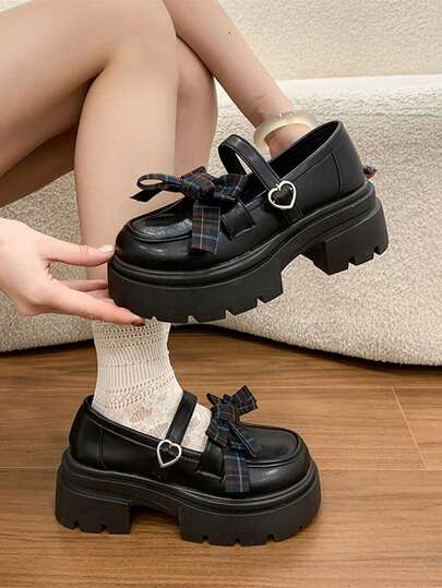 Women's Wedge Platform Mary Jane Shoes, Retro One-Strap, Plaid Bow Decor, Black, Versatile, Commuting OL, Japanese Lolita Style