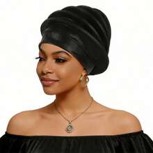Shimmer African Head Wraps Solid Color Multi-Layer Church Turban For Women Stretch Hat - Black - View 2