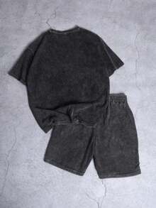 Black Mens Creative T Shirt And Shorts Set American Vintage Full Print Street Wear Essential Graphic Tee And Shorts With Anti Sociall Sociall Club Logo And Spider Print Washed Look Casual Outfit For Everyday Wear - 黑色 - 查看 2