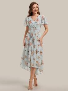 EVERPRETTY Vintage Chiffon Ruffle Asymmetric/Asymmetrical Bridesmaid Dress, Suitable For Wedding, Party, Graduation, Anniversary, Birthday, Cocktail, Date, Holiday, Formal Dinner, Wedding Guest, Homecoming, Travel, All Seasons - Blue - View 8
