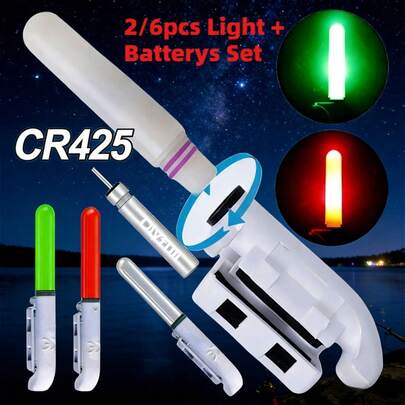 NEW 2/6pcs Fishing Rod Tip Light +CR425 Battery Set Fishing Electronic Throwing Rod Luminous Stick Light LED Removable Float Night Tackle Red/Green/White Blasting Flash Night Bite Tools CR425 (Batteries Included)