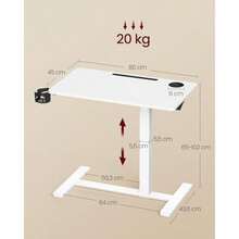 VASAGLE Escritorio con Ruedas Mesa Auxiliar Altura Ajustable Tablero de 80 x 45 cm 2 Portavasos Blanco Nube MLSD601W01 - 80 cm de largo x 45 cm de ancho - Ver 3