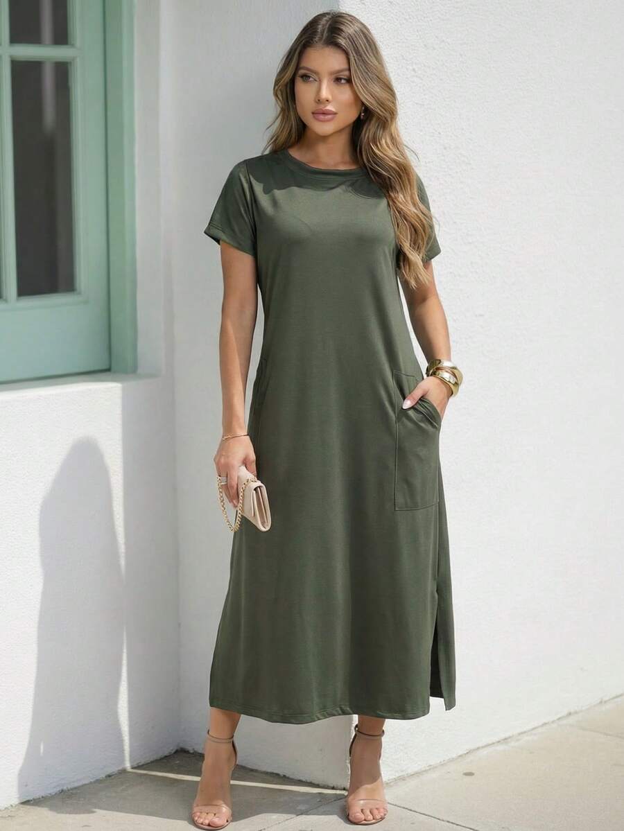 Comfortable Women's Midi Dress With Practical Pocket And Side Slit - Casual And Elegant - 墨綠色 - 查看 1